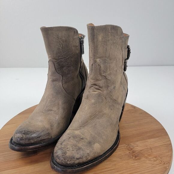 Lucchese Catalina Distessed Brown Leather Booties US 7 B Buckle Western Zip Up - Picture 2 of 14